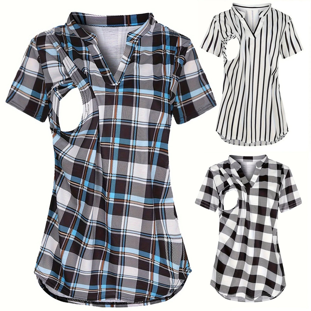 Women's Maternity Breastfeeding T-shirt V-Neck Solid Color Short Sleeve Nursing Tops Clothes for Pregnant Women