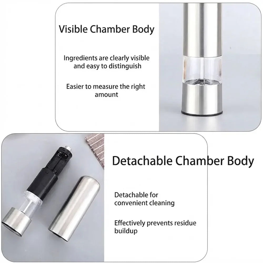 Stainless Steel Electric Pepper Grinder Salt and Pepper Mill Set for Black White Pepper Sichuan Peppercorn Rose Salt Grinding Seasoning Bottle Home Kitchen Spice Mill Tool Gadgets for Cooking Supplies Easy Use