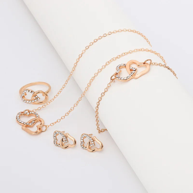 5PCS Set Gold-Color Heart Shaped Jewelry Sets Of Ring Earrings Necklace For Women Elegance Rhinestone