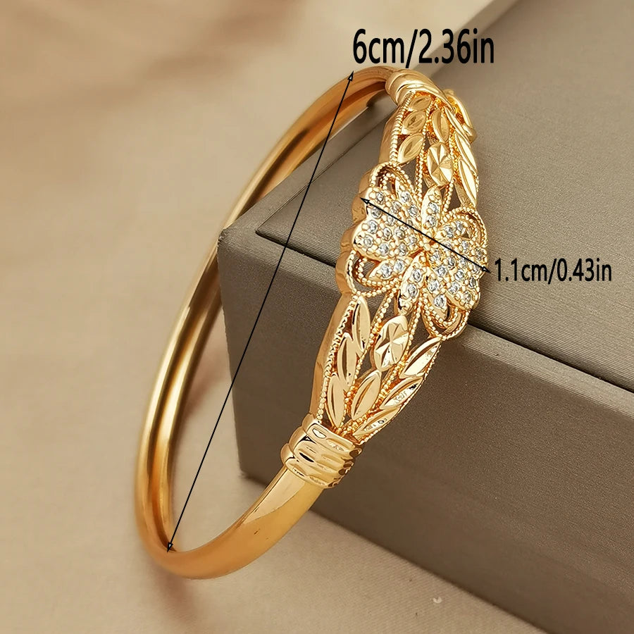 1Pcs Women's Gold Plated Flower Zircon Bangle, Hollow Filigree Design, Elegant Statement Bracelet for Daily Wear