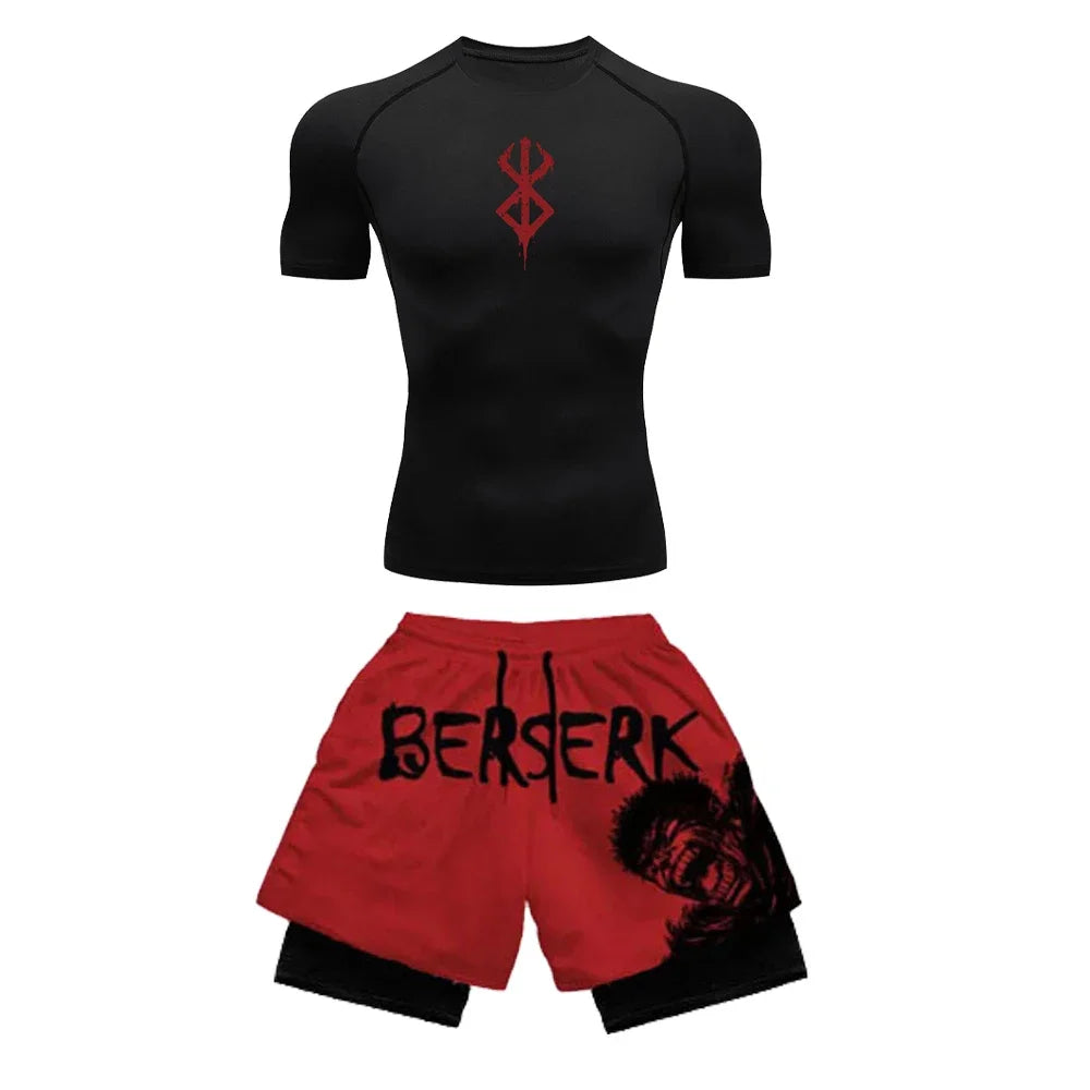 Anime 3D Printed Men's Compression Set short Sleeve Gym Top+Workout Shorts Quick Drying Breathble Athletics Rash Guard Set
