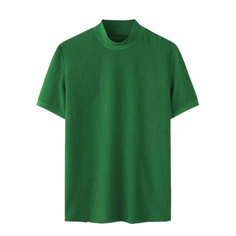 New Summer Fashion Tight T-shirt Casual Streetwear Textured High-neck Solid Color Short-sleeved Bottoming Tees Korean Style Tops