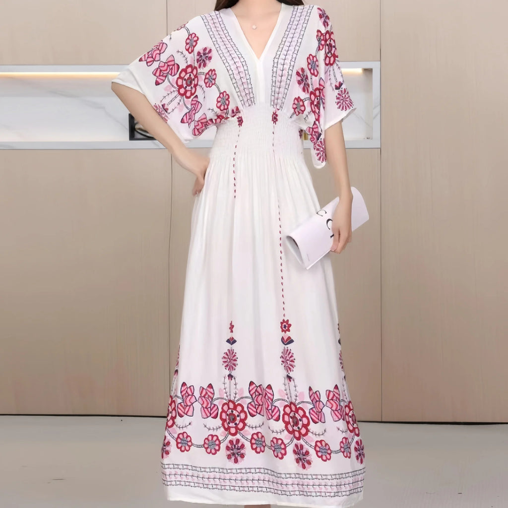 2025 Summer New Casual Elegant Retro Bohemian Style V-neck Elastic Waist Large Swing Printed Long Skirt Autumn Summer Dress