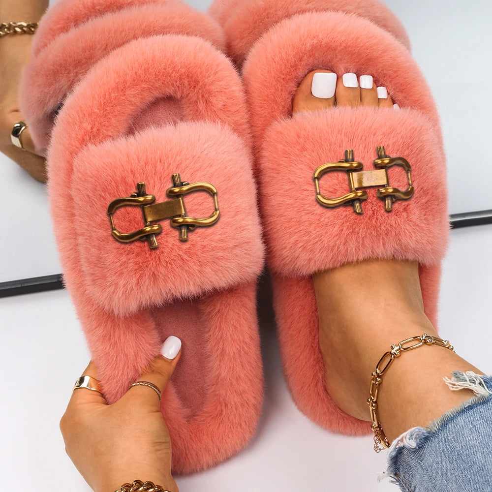 Fashion Slippers Women Buckle Decor Furry Slides Ladies Fluffy Flip Flops Luxury Designer Fur Sandals Cute Slippers Casual Shoes