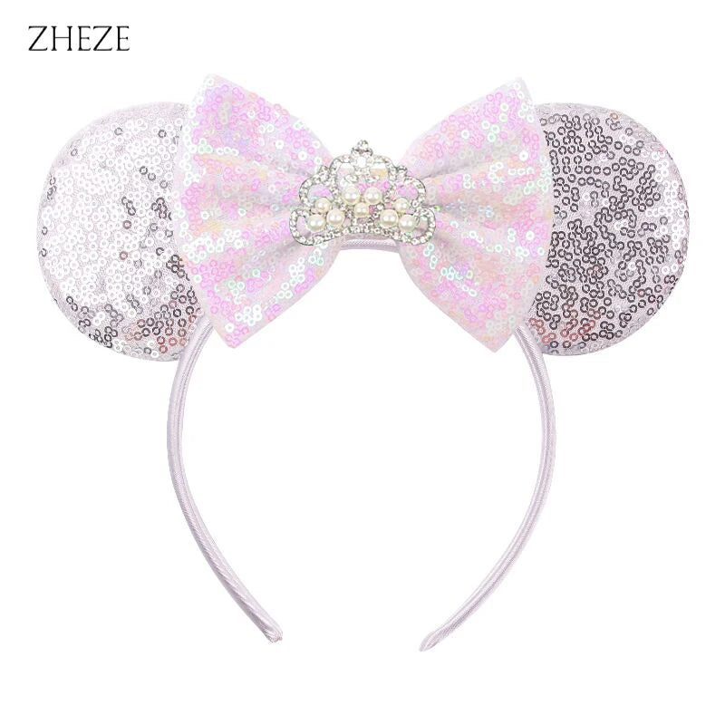 White Day Mouse Ears Headband With Veil Sequins 5"Bow Headwear For Women Festival Hairband Single Party DIY Hair Accessories