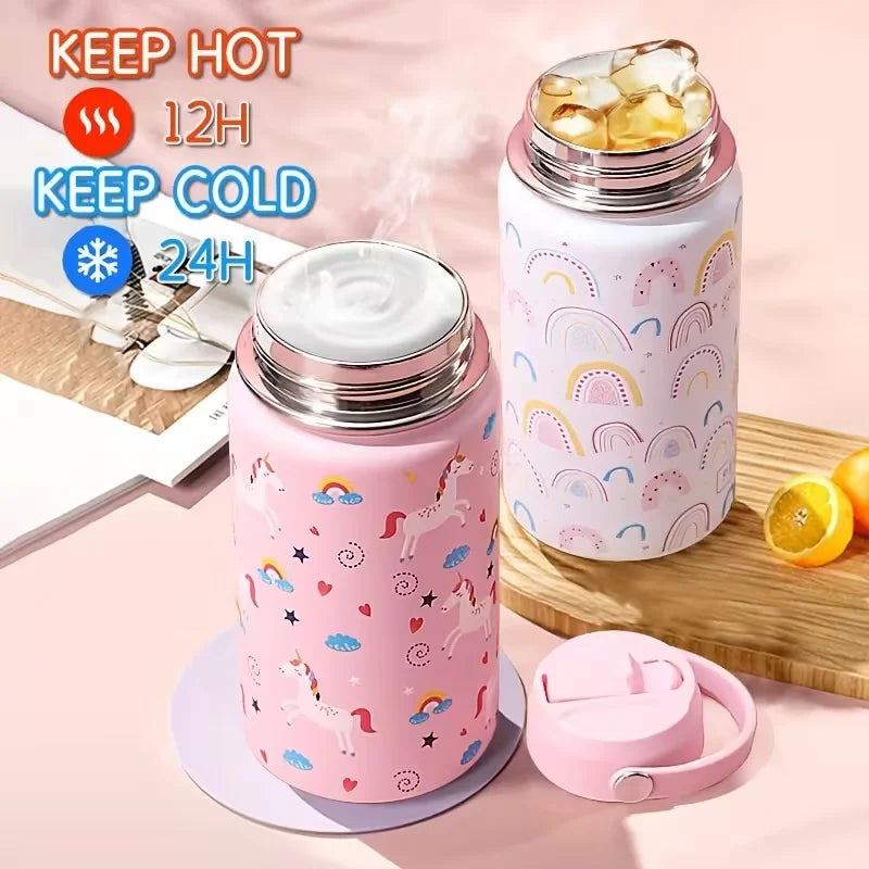 16oz Kids Water Bottle Cartoon Animal Children's Cup With Straw Stainless Steel Vacuum Flacks Thermos Bottle Thermal Mug Cups
