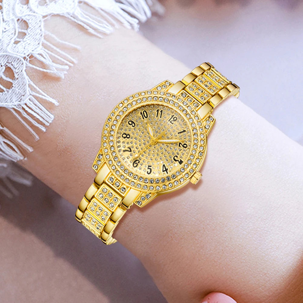 4Pcs/Set Unisex Jewelry Watches Women's Wristwatch Accessories Gold Trendy Fashionable Elegant Classic Exquisite Light Luxury Rhinestone Luxury Roman Numeral Dial Round Dial Quartz Watch Set Y2K Suitable for Travel, Parties,