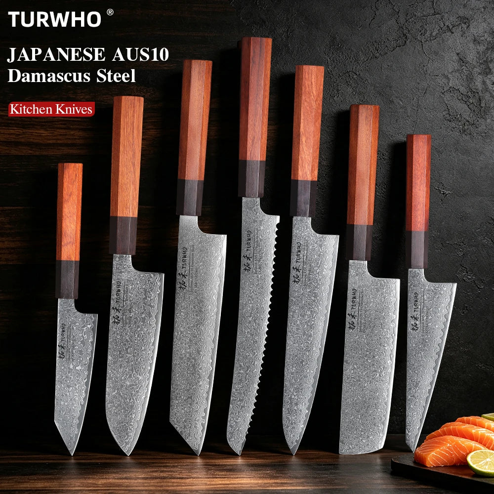 TURWHO Hand Forged Japanese Chef Knife Damascus Steel Kitchen Knives Santoku Sashimi Bread Utility Handmade Blade Cooking Tools
