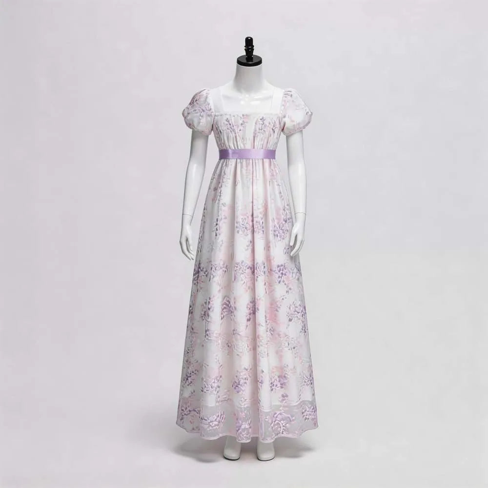 European Vintage Regency Tea Dress Square Neck Puff Short Sleeve Floral Embossed Long Imperial Cosplay Gown With  Waist Belt