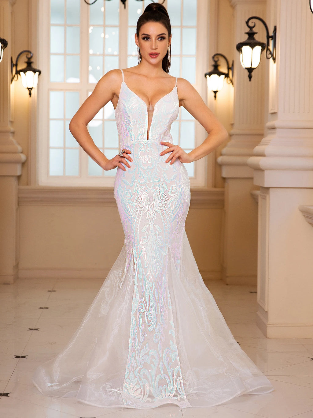 Sleeveless V Neck Sequined Organza Mermaid White Wedding Party Dress Backless Floor Length Evening Prom Gown
