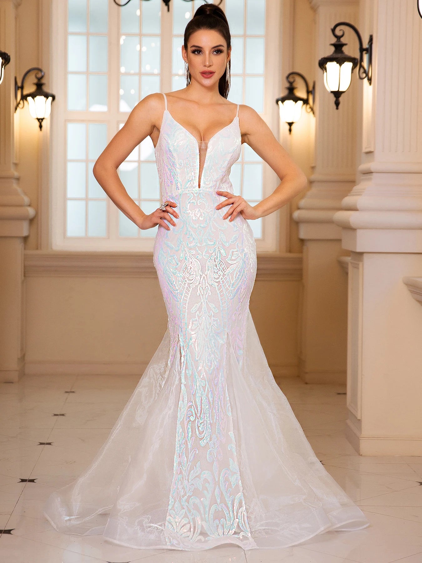 Sleeveless V Neck Sequined Organza Mermaid White Wedding Party Dress Backless Floor Length Evening Prom Gown