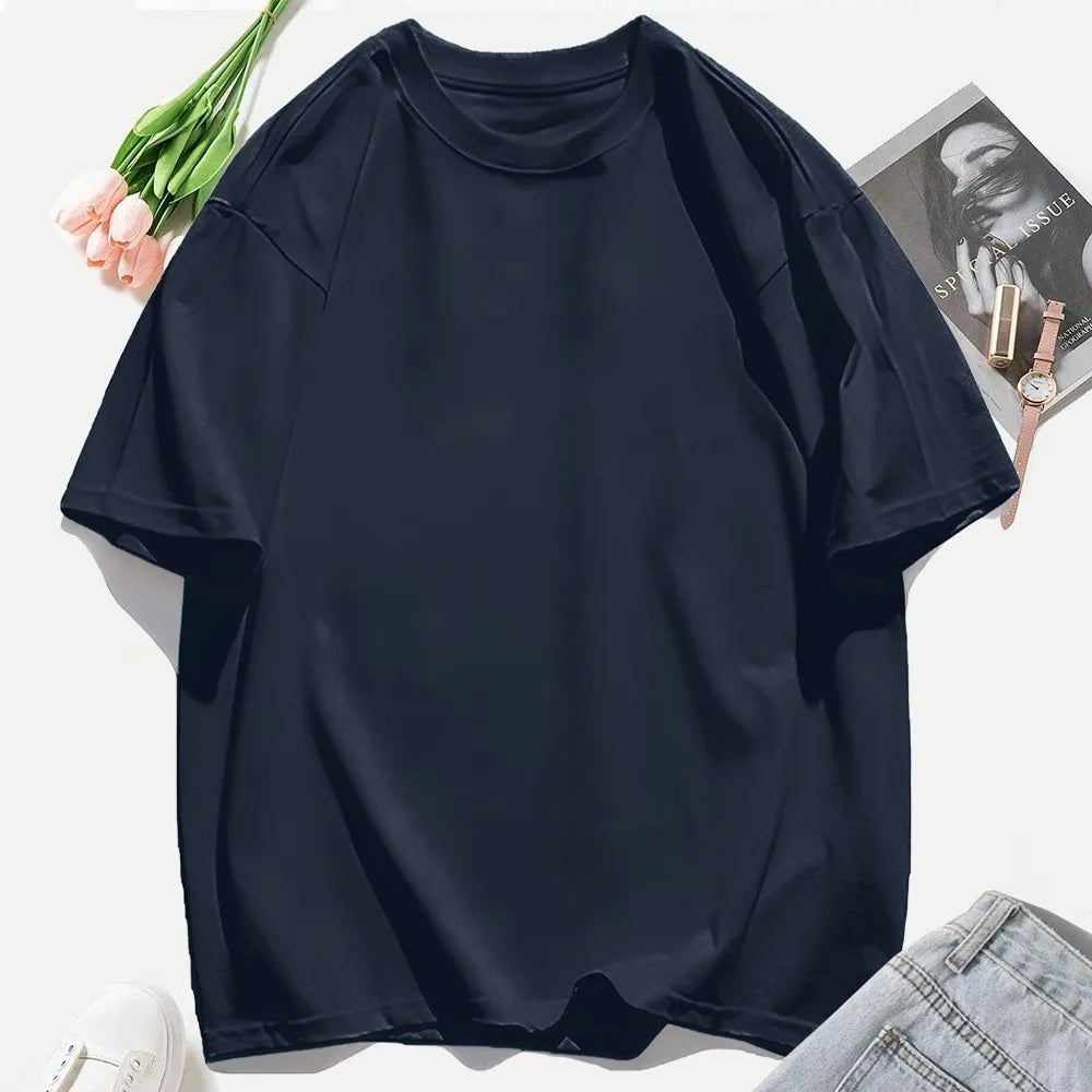 Y2K Woman 100% Cotton T Shirts Solid Color Casual T-Shirt O-Neck Summer Tops For Women Fashion Oversized Female Sportswear