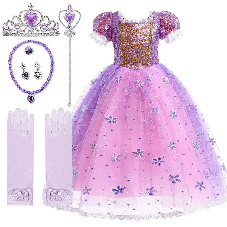 Children Halloween Costume Little Girls Rapunzel Costume Sequins Purple Dress Kids Princess Cosplay Dress 3 4 5 6 7 8 9 10 Years