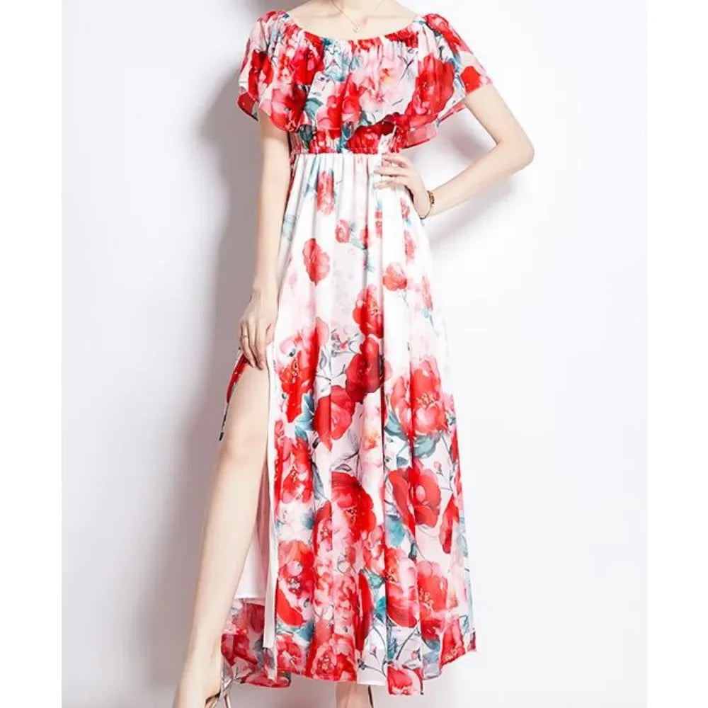 Chic Sexy Off Shoulder Print Ruffle Slash Neck Dress Fairy Print Casual A-line Dress Summer Elegant Beach Vacation Women Dresses