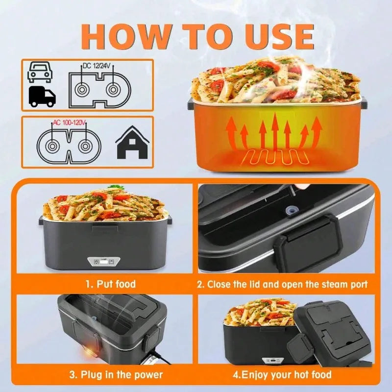 Dual‑Use Electric Heated Lunch Box, 12V Car & Home Plug‑in Food Warmer, 304 Stainless‑Steel Portable Heating Bento Box with Insulated Bag, Fast Heating Food Container for Office, Car, Travel