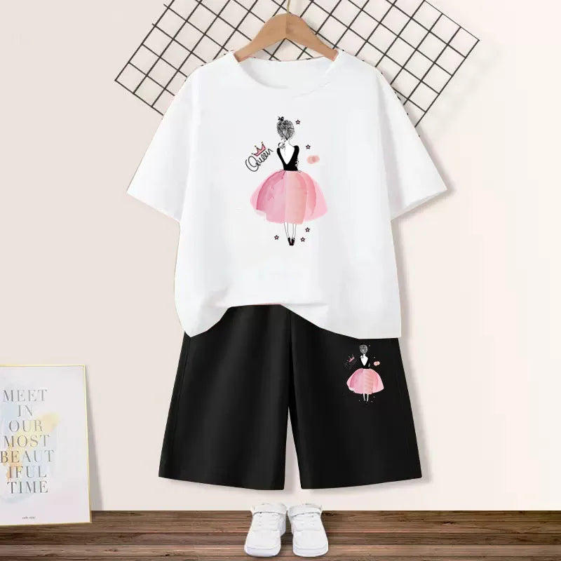 2024 Summer Girls Cotton Clothing Sets Kids Cute Cartoon Butterfly High Heel T-shirt +Shorts 2Pce Suits Childrens Tracksuits