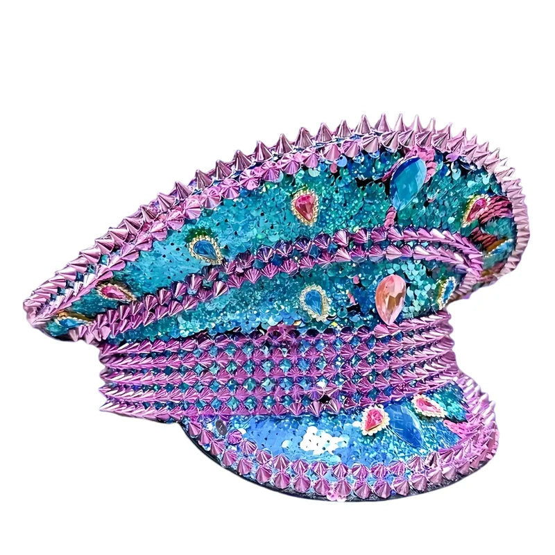 HongLuan Blue Steampunk Captain Hat Rhinestone for Burning Man Festival Woman, Vintage Military Accessories & Military Cap Man