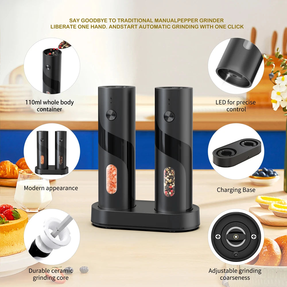 1/2pcs Rechargeable Electric Salt And Pepper Grinders Set with LED Lights Automatic Adjustable Coarseness 110ml Large Capacity