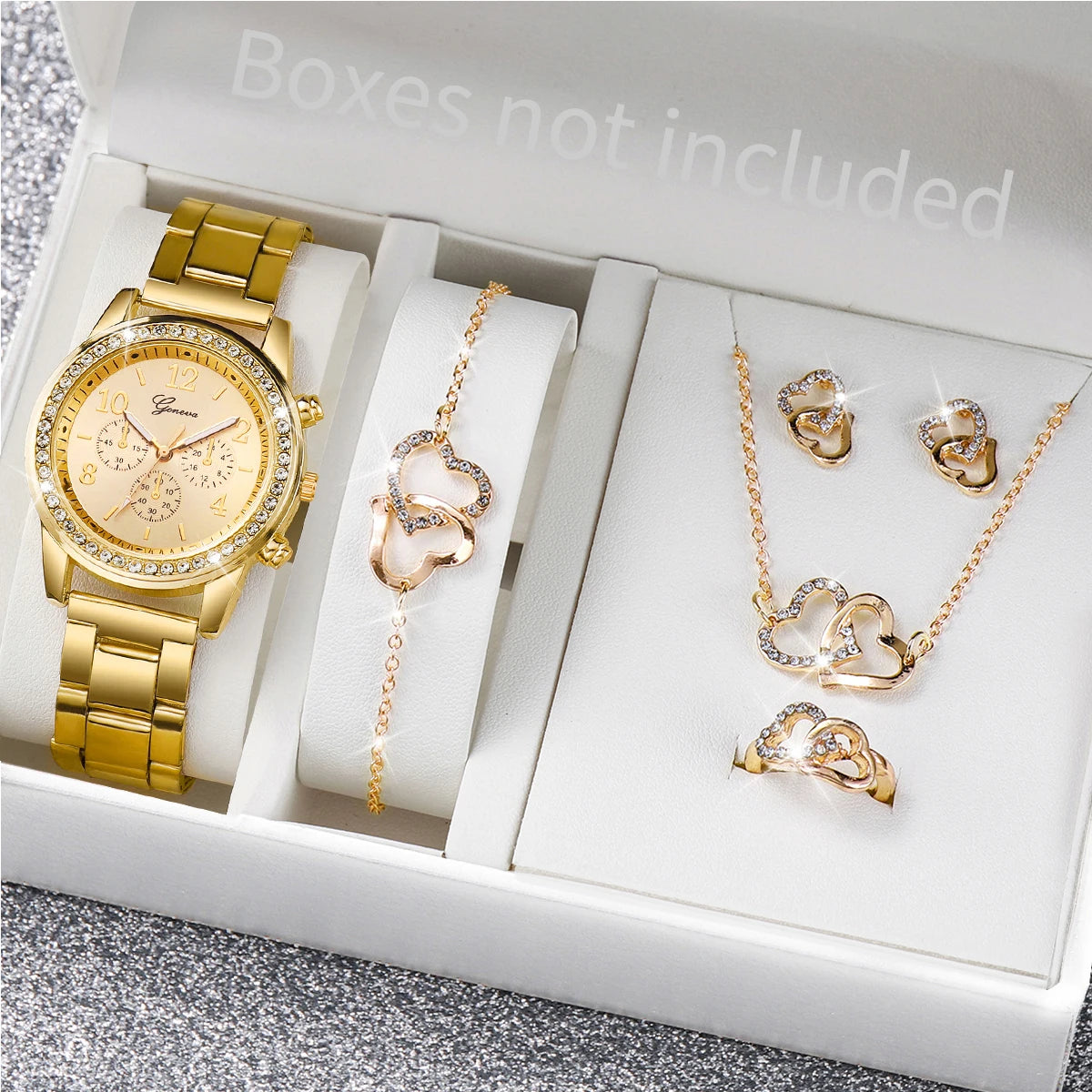 6PCS/Set Women's Watch Fashion Rhinestone Stainless Steel Band Quartz Watch Jewelry Set Reloj Mujer (Without Box)