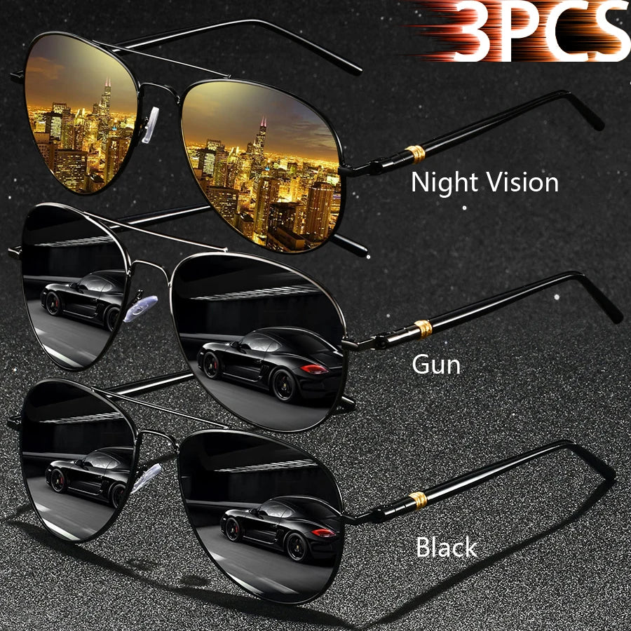 3PCS Fashion Vintage Square Metal Frame Sunglasses Men Women Fishing Driving Luxury Brand Designer Sun Glasses  Eyewear