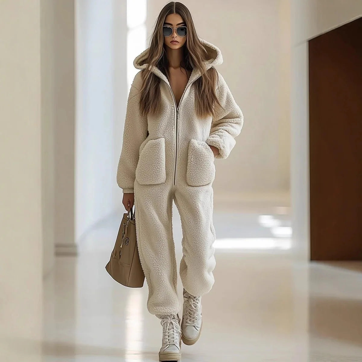 Autumn Winter Style Hooded Pocket Loose Straight Jumpsuit Sports Style Solid Color Monos Casuales Ropa De Dama Casual Jumpsuits