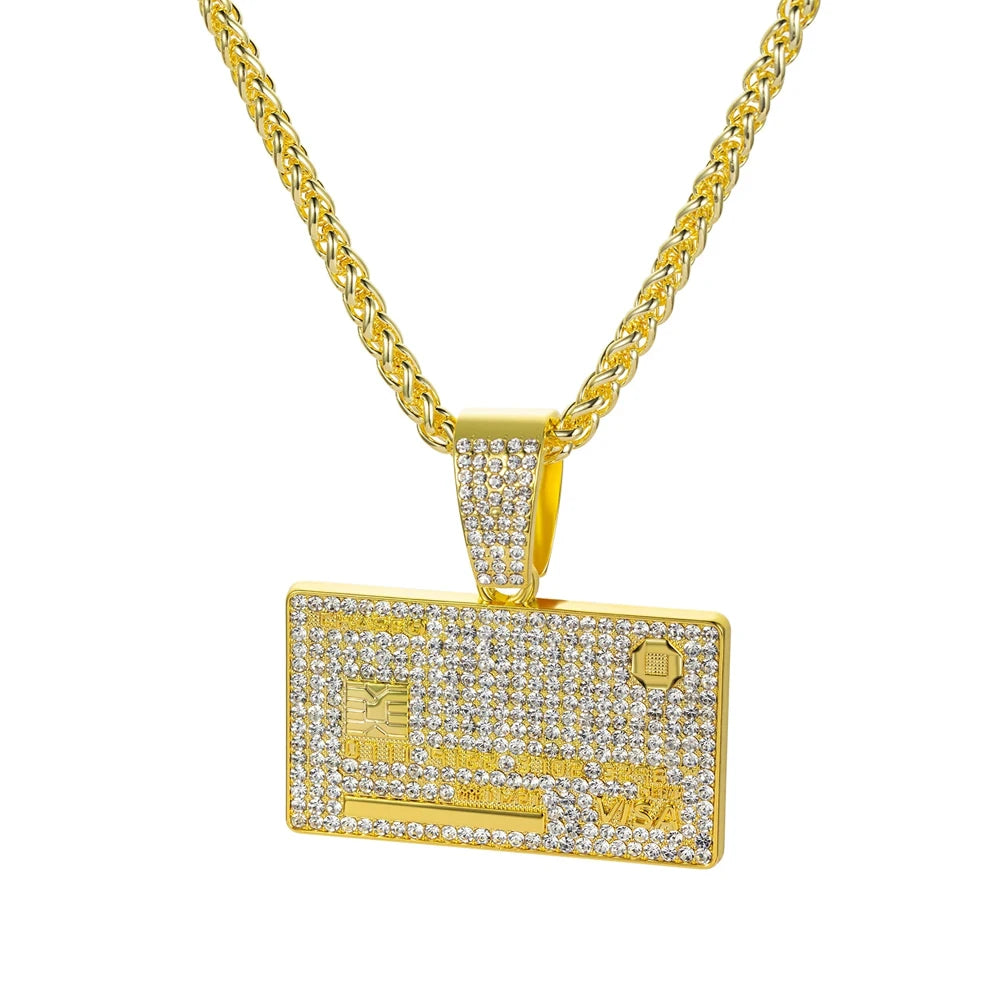 Men's Hip Hop VISA Golden Silvery Card Pendant Necklaces With 5mm 24 Inch Long Chain Credit Card Pendants for Daily Wear Unisex