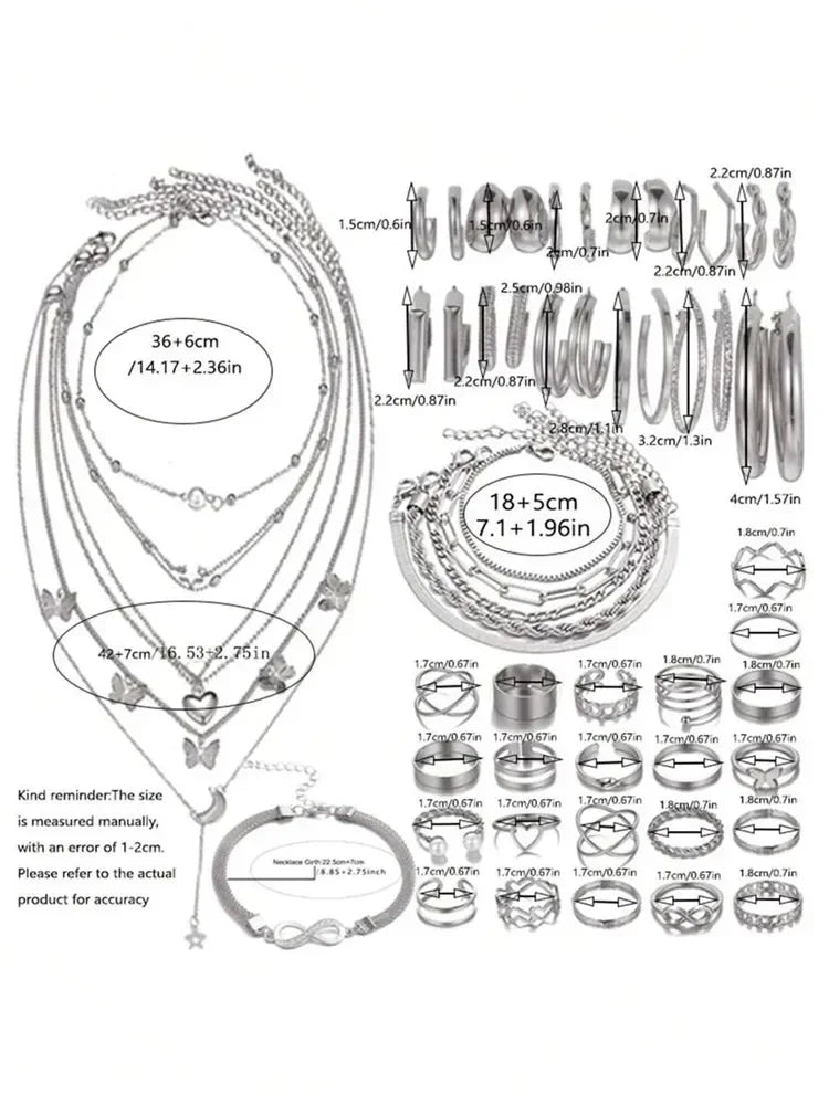 New 57 Pcs/Set Fashion Jewelry Sets For Women Metal Wide Face Earrings Necklaces Bracelets Ankles Rings Combinations Set Jewelry