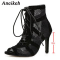 Aneikeh 7CM Middle Heel Dance Hollow Out Ankle Strap Sandal Boots 2025 Fashion Summer Lace Up Cross-tied Peep Toe Lady Shoes