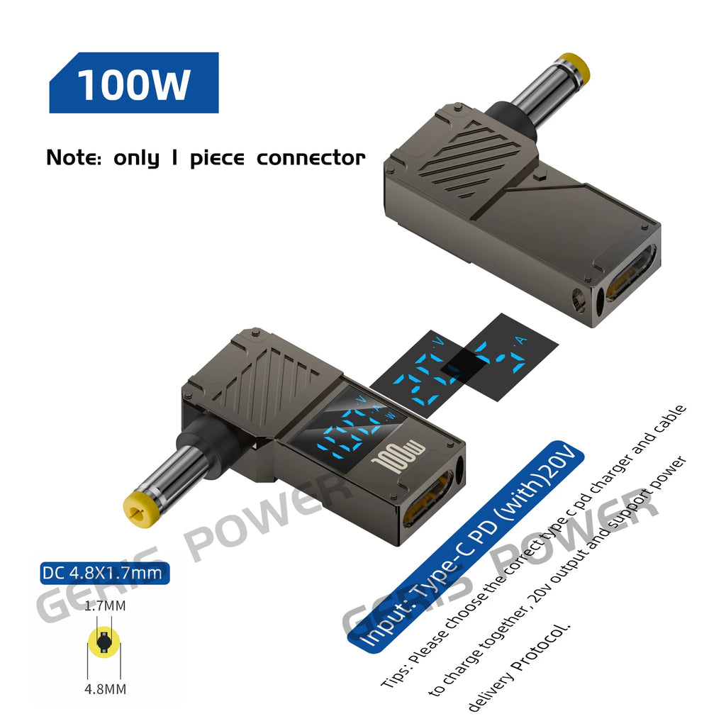 LED Display PD 100W Laptop Power Supply Adapter Charger Connector USB Type C PD to DC Jack Plug Converter for Lenovo Hp Dell