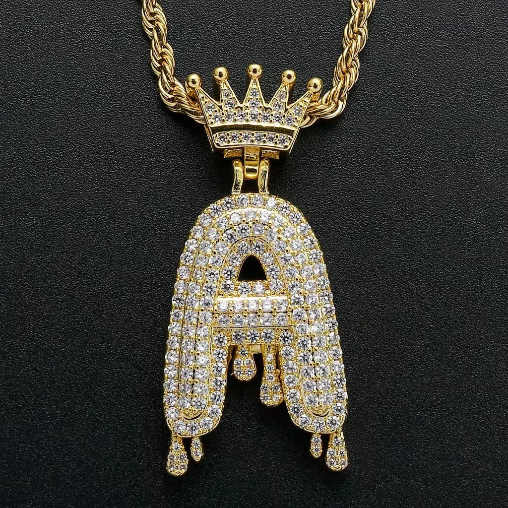 Hip Hop Iced Out Bling Cubic A-Z Drip Crown Zircon Initial Letters Necklaces Pendant Necklace Chain Men Jewelry with Rope Chain
