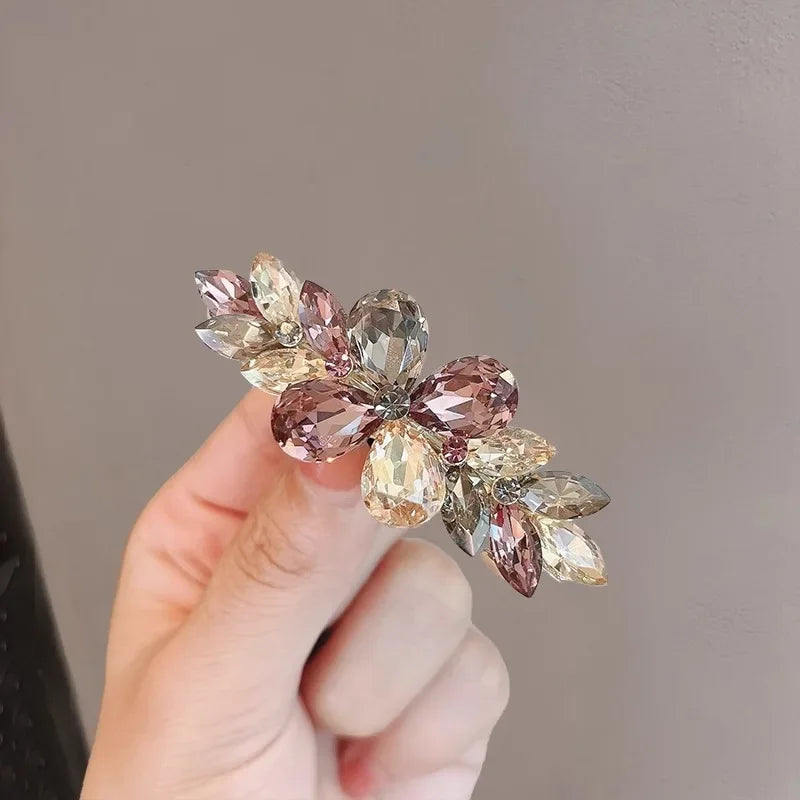 Luxury Colorful Crystal Folower Hairpin Spring Clip High-end Women's Back of Head Half-tied Hair Clip France Hair Accessories