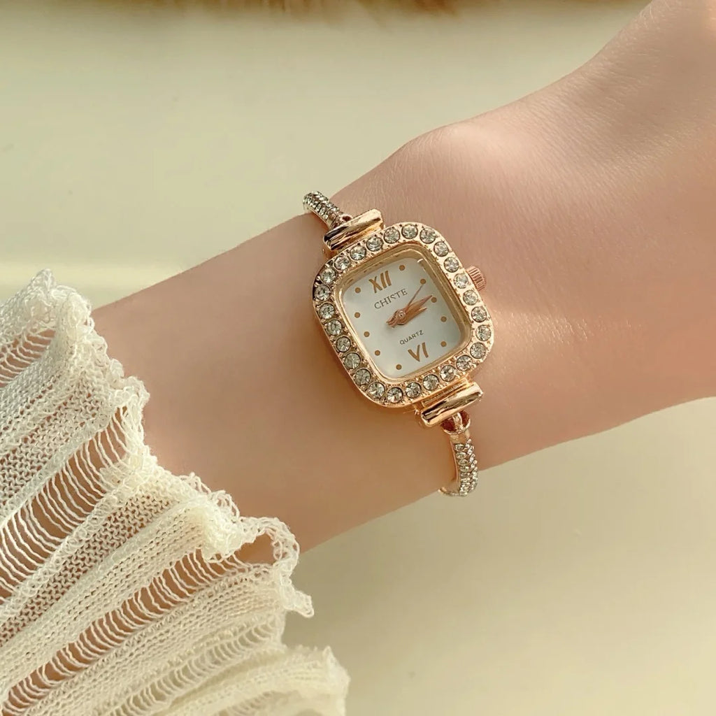 Rose Gold Silver Petite Bracelet Watch for Women, Gifts for Girlfriend Diamond Dress Analog square Watch