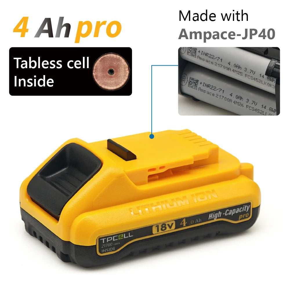 TPCELL 4Ah/5Ah For D.Walt 20V Battery Tabless 21700 DCB200  Replacement Battery Compatible With For D.walt 18V/20V Tools Battery