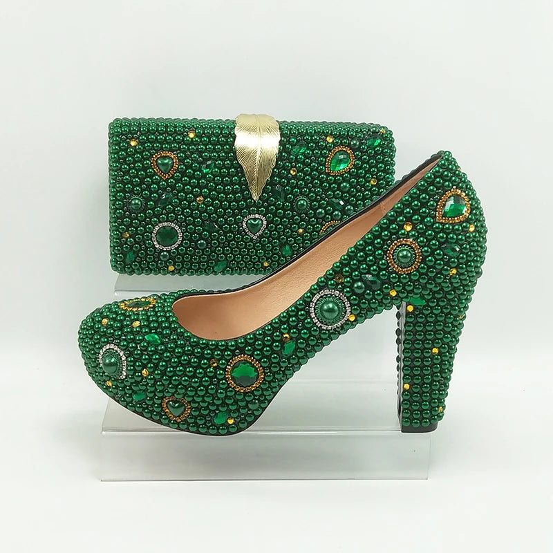Fashion New Arrival Green Pearl Bridal Shoes and Bag Set Woman Party Dress Shoes Big Size Ankle Strap Buckle Shoes High Pumps