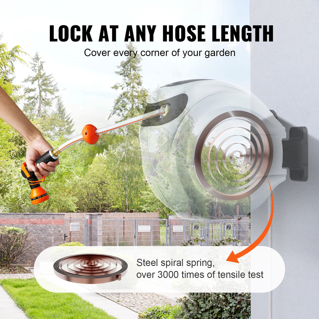 SucceBuy Retractable Hose Reel 180° Swivel Bracket Wall-Mounted Garden Water Hose Reel with 9-Pattern Nozzle Automatic Rewind