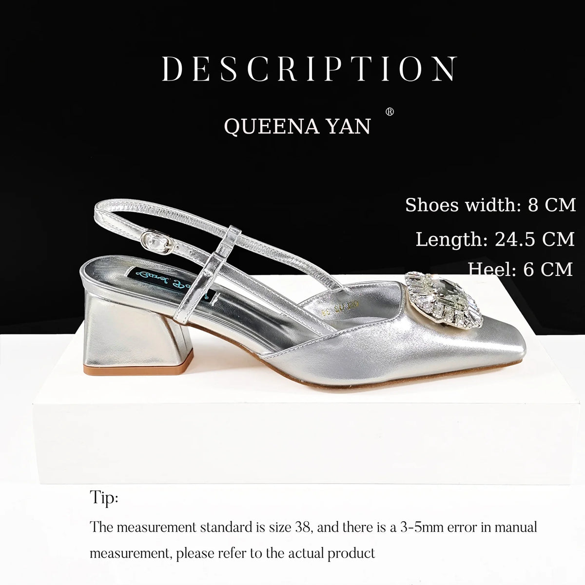 Queena Yan Elegant Comfortable Mid-Heeled Shoes Sparkling Diamonds Pointed-Toe Design Ladies High Heels