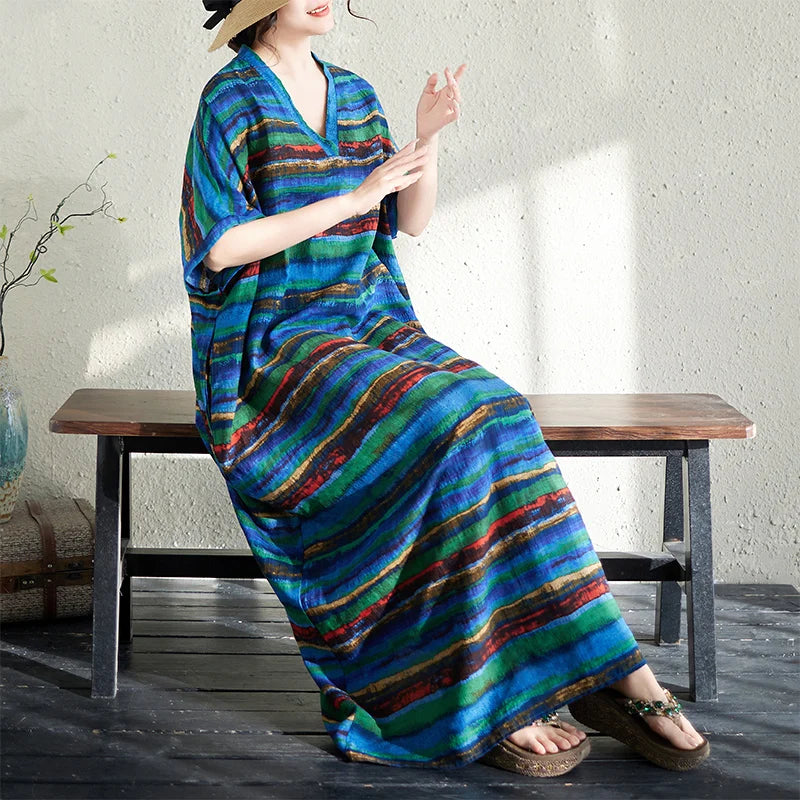 V-Neck Loose Cotton Linen Beach Skirt Summer Casual Long Dress Cover up Retro Style Holiday Fashion plus Size Women's Dress