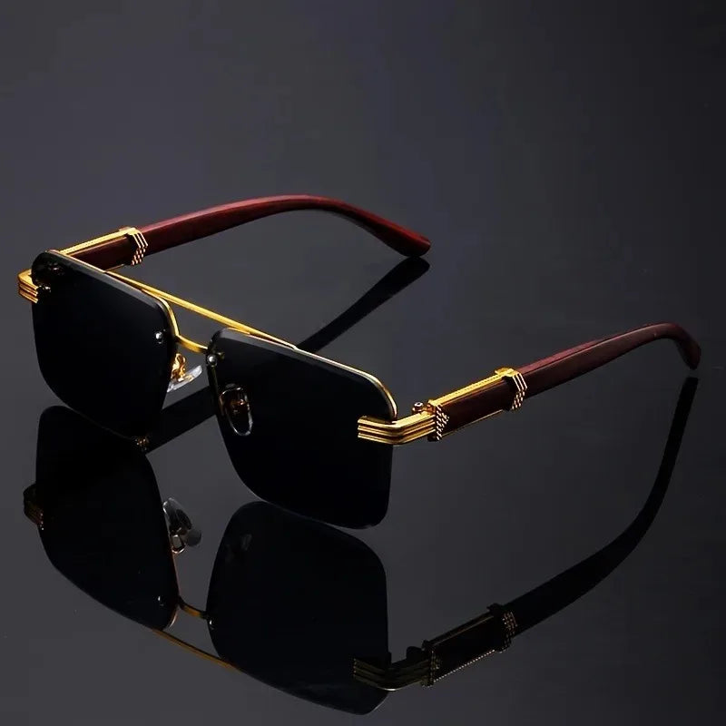Women's Frameless Double Beam Fashion Sunglasses Golden Border Wood Grain Bracket for Male and Female Drivers Black Eyeglasses