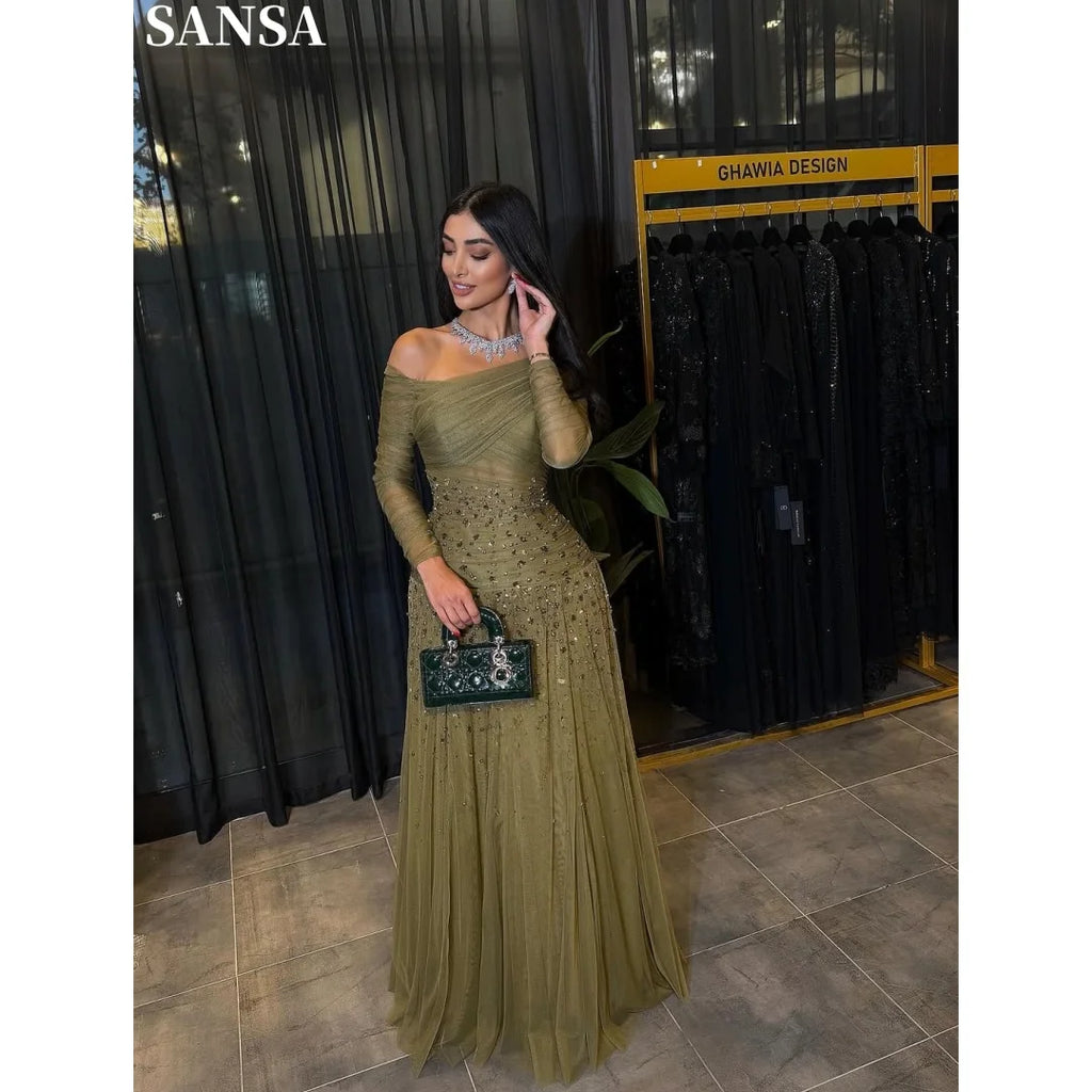 Sansa Customized Olive Modest Flared Off Shoulder Prom Dresses Glitter Stone Sheer Long Sleeve vestidos de noche Wedding Party 2