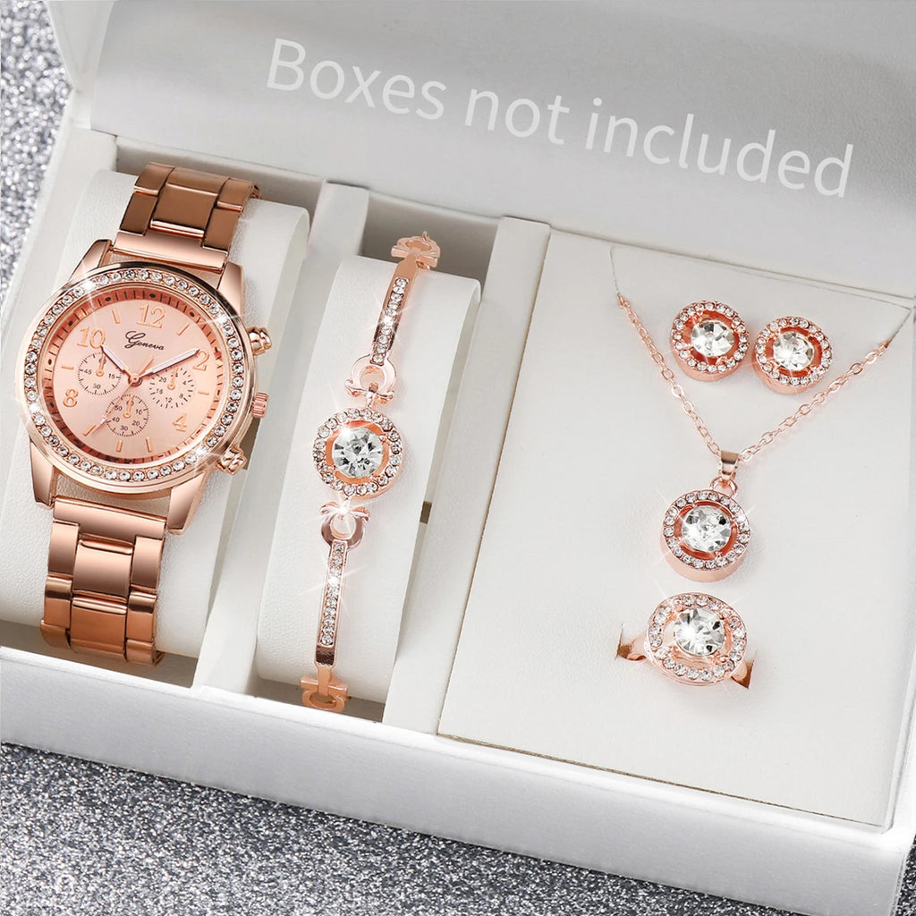 6PCS/Set Women's Watch Fashion Rhinestone Stainless Steel Band Quartz Watch Jewelry Set Reloj Mujer (Without Box)