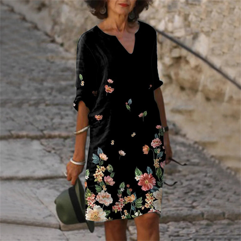 Mom Casual Dresses V Neck Elegant Retro Printed Medium Sleeved Dress Summer Fashion Streetwear Maxi Vestidos For Daily Fit