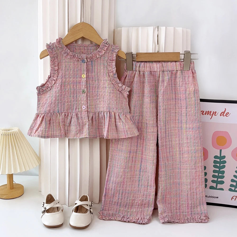 Blue and White Grid Fresh Casual Girls' Clothing Lace Sleeveless Single Breasted Vest+wide Leg Pants Two-piece Set for Summer