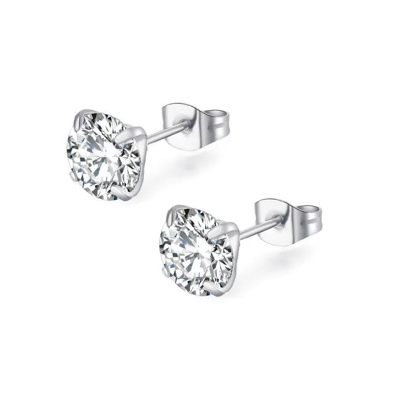 XUBCHC Stainless Steel Round Cubic Zirconia Ear Piercing For Women Men CZ Shiny Silver Color Stud Earrings Black Body Jewelry