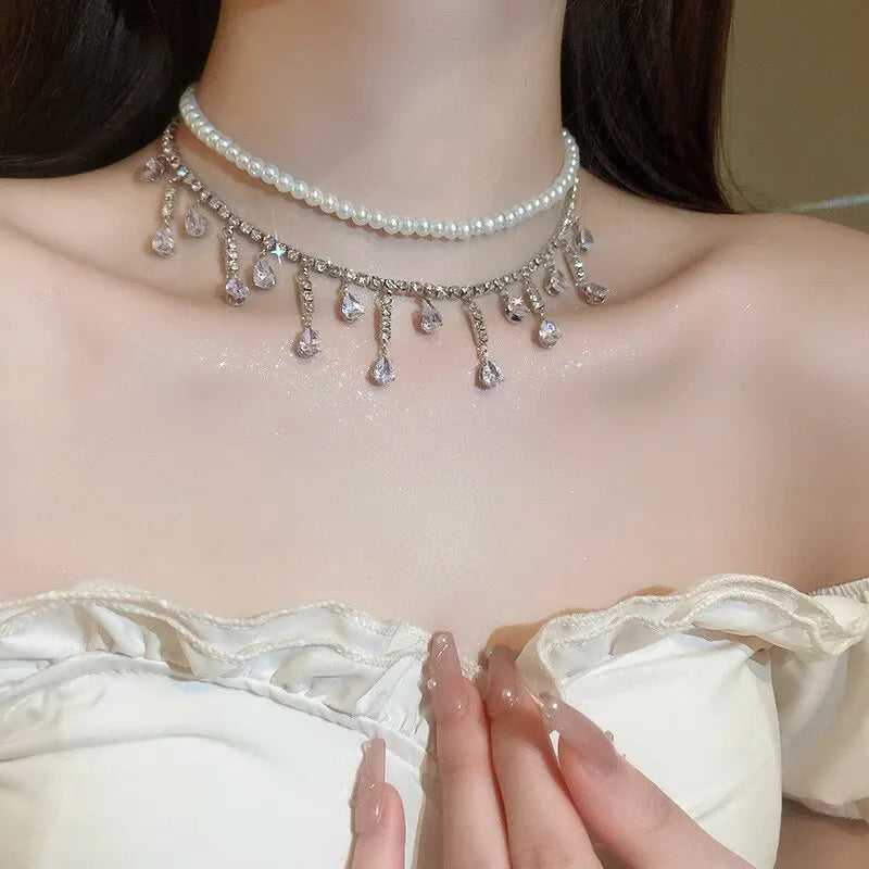 Luxury Rhinestone Crystal Chokers Necklaces For Women Multilayer Imitation Pearl Chain Necklace For Party Wedding Jewelry K-
