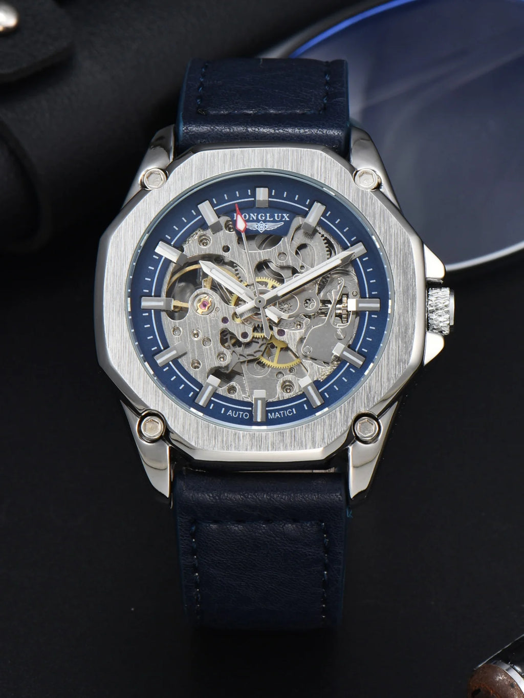 LONGLUX Automatic Watch Sport Style Wholesale Mechanical Wristwatches Fashion Hollow Leather Mens Watch Men Gift