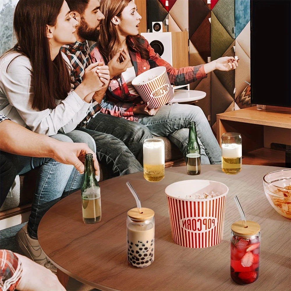 1/2/4/6pcs Can-Shaped Glass Cup with Lid & Straw 350ml/550ml Transparent Bubble Tea, Juice & Beer Mug for Cold Beverages Party