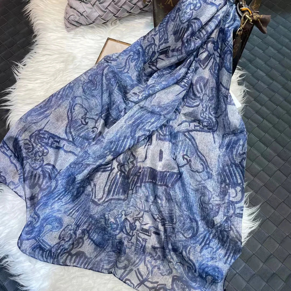 BYSIFA| Ultralarge Blue White 100% Mulberry Silk Scarf Beach Wrap Brand Female Long Scarves New Paisley Design Silk Scarf Shawl