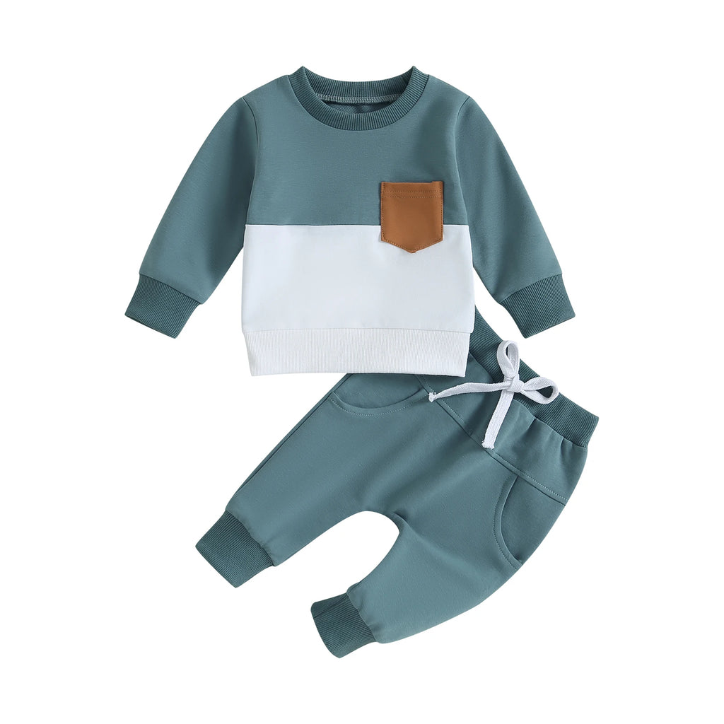 2PCS Winter Baby Tracksuit For Toddler Boys Outfits Contrast Color Long Sleeve Sweatshirts Tops Long Pants Toddler Clothes Set