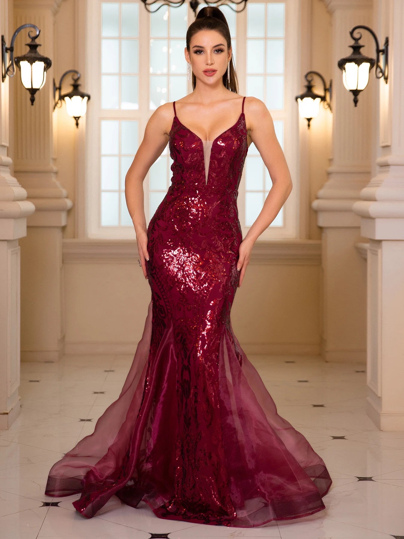 Sleeveless V Neck Sequined Organza Mermaid White Wedding Party Dress Backless Floor Length Evening Prom Gown