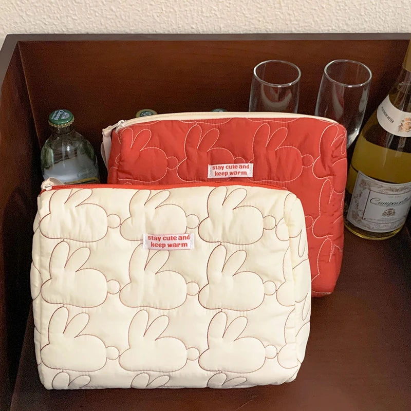 Cute Women Portable Rabbit Quilted Cotton Cosmetic Bag Handbag Lady Tote Makeup Pouch Travel Organizer Storage Bags With Zipper